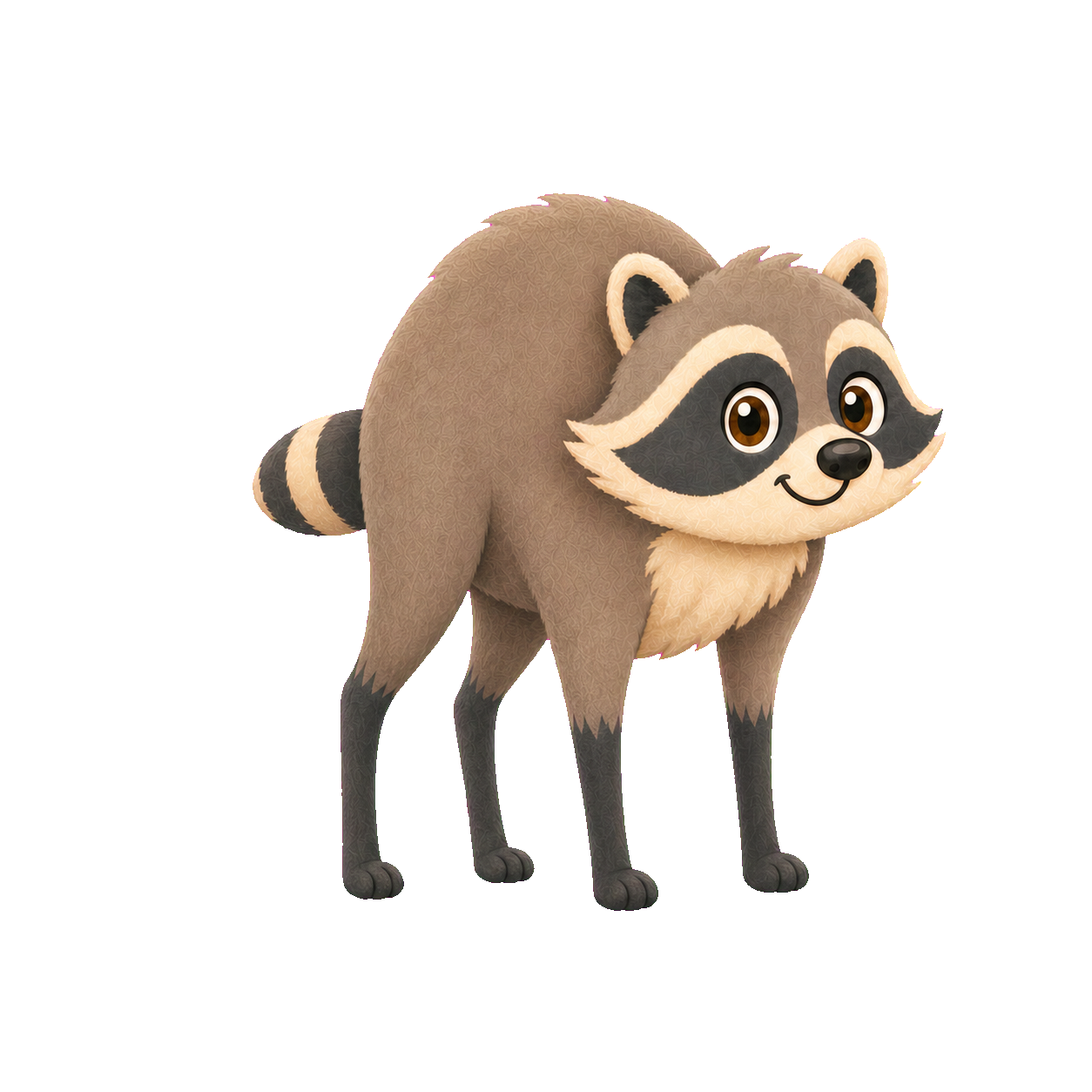 Jimothy, a small raccoon, standing curiously in a woodland clearing