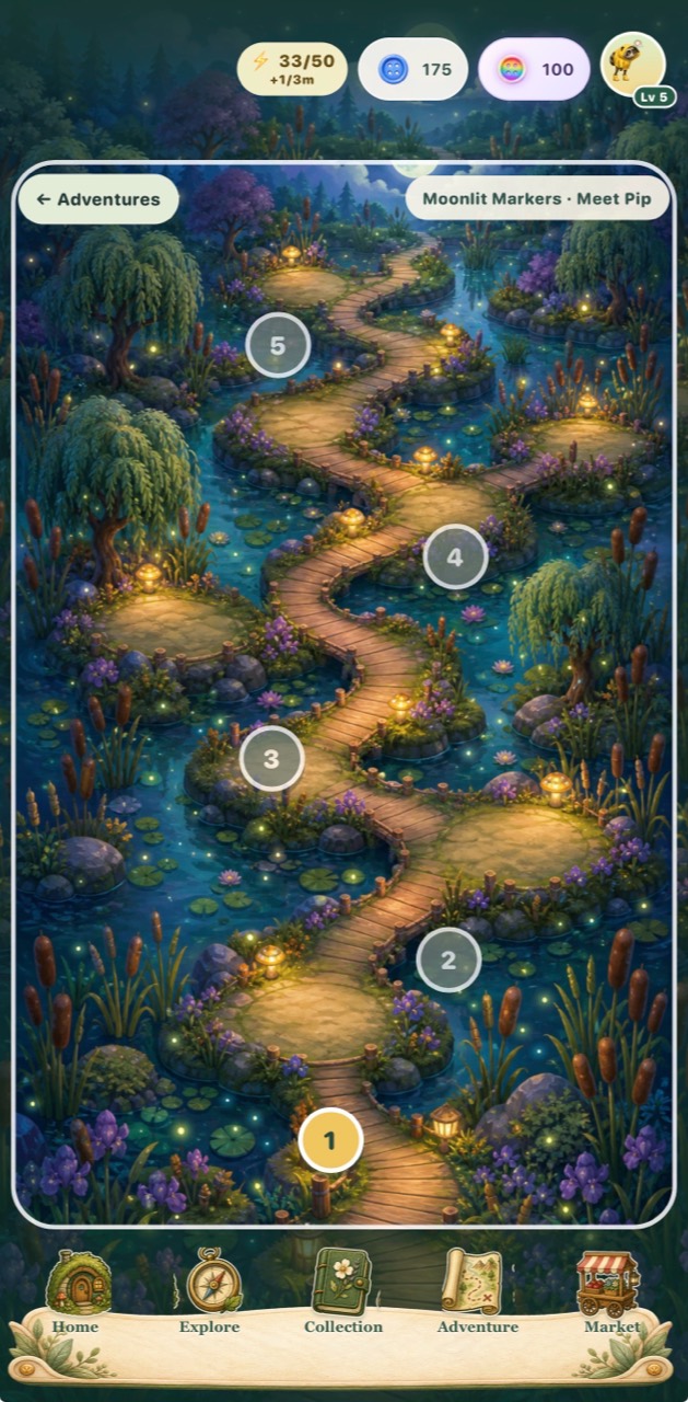 Moonlit Markers adventure map winding through a glowing marsh