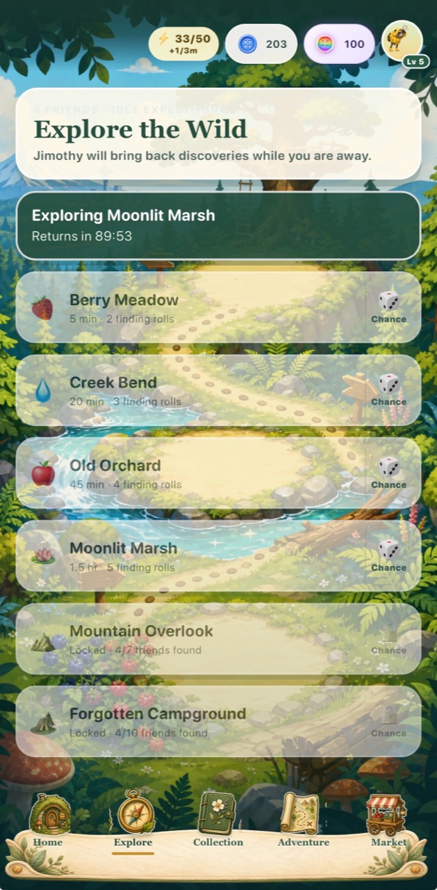 Explore the Wild screen showing Jimothy's expedition destinations