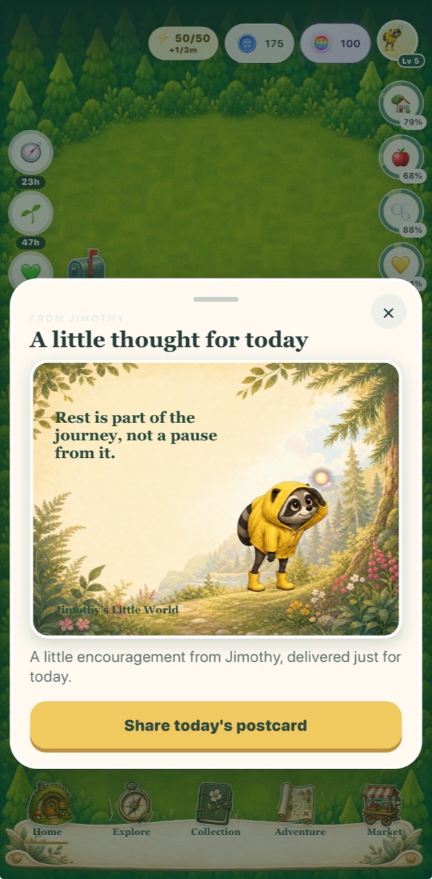 A daily encouragement postcard from Jimothy in his yellow raincoat